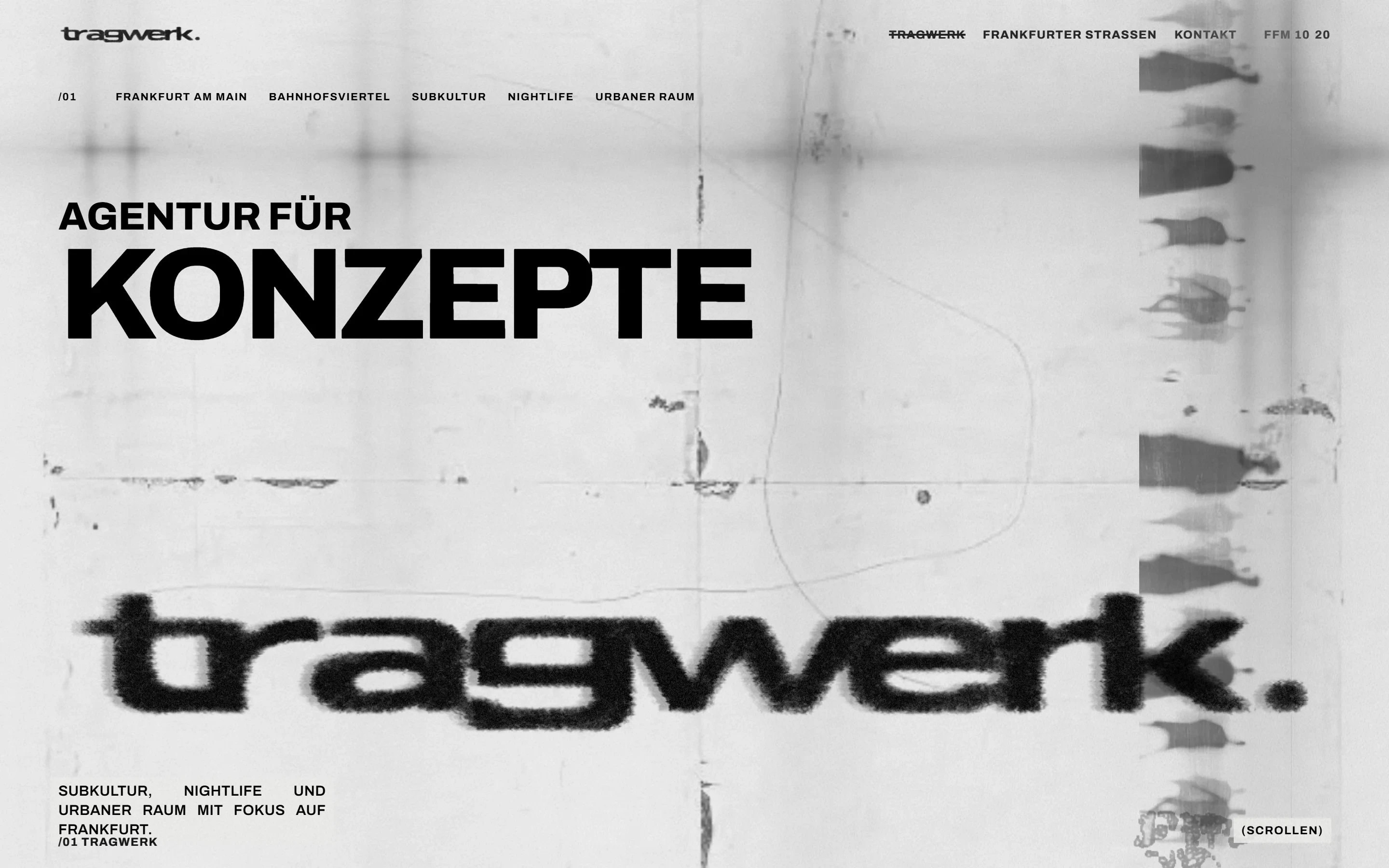 Startseite von Tragwerk am Rechner: Agentur für Konzepte, die flimmernde Wortmarke tragwerk. auf zerkratztem Papier