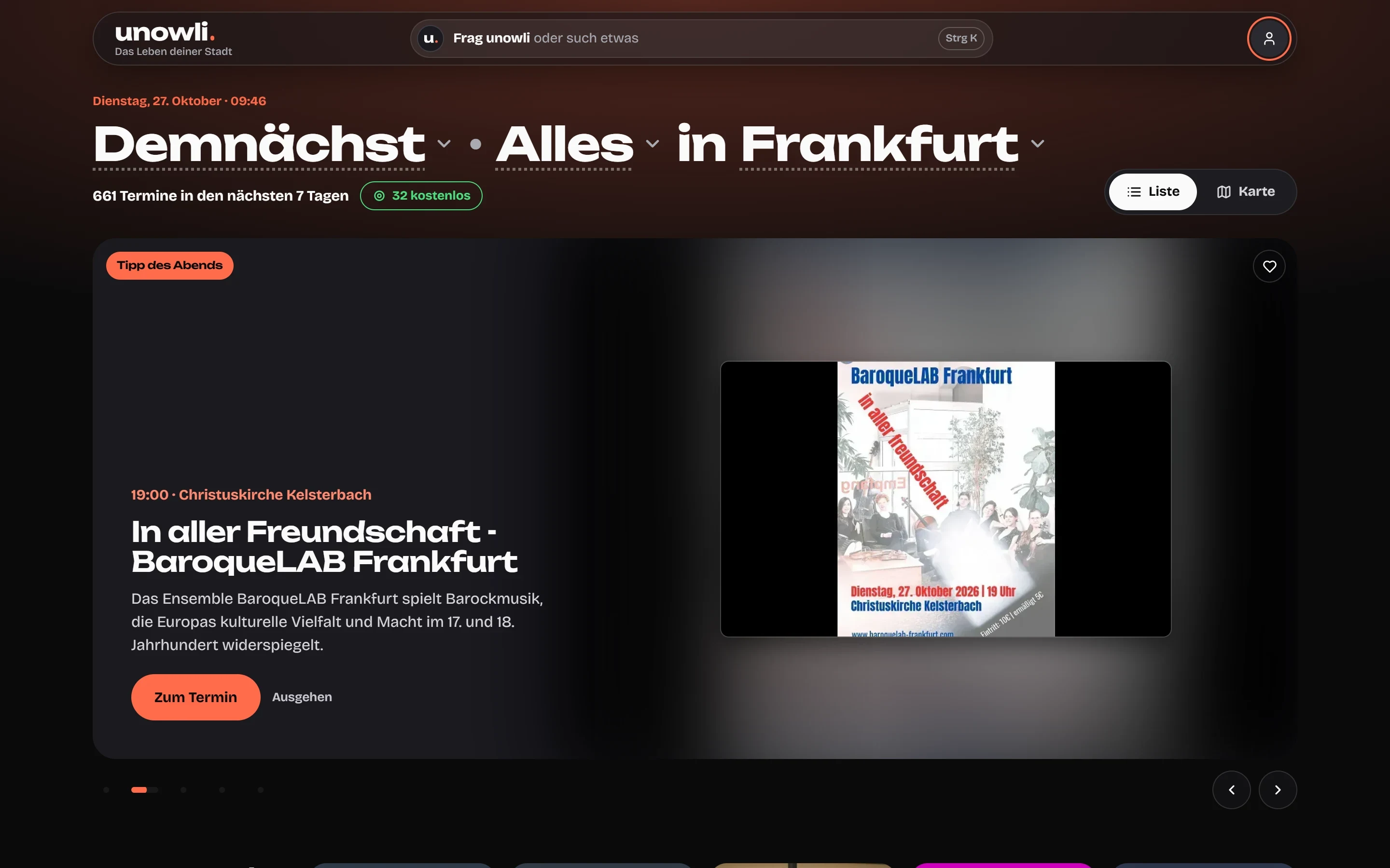 Programmansicht von unowli am Rechner: 661 Termine der nächsten sieben Tage in Frankfurt, darunter der Tipp des Abends