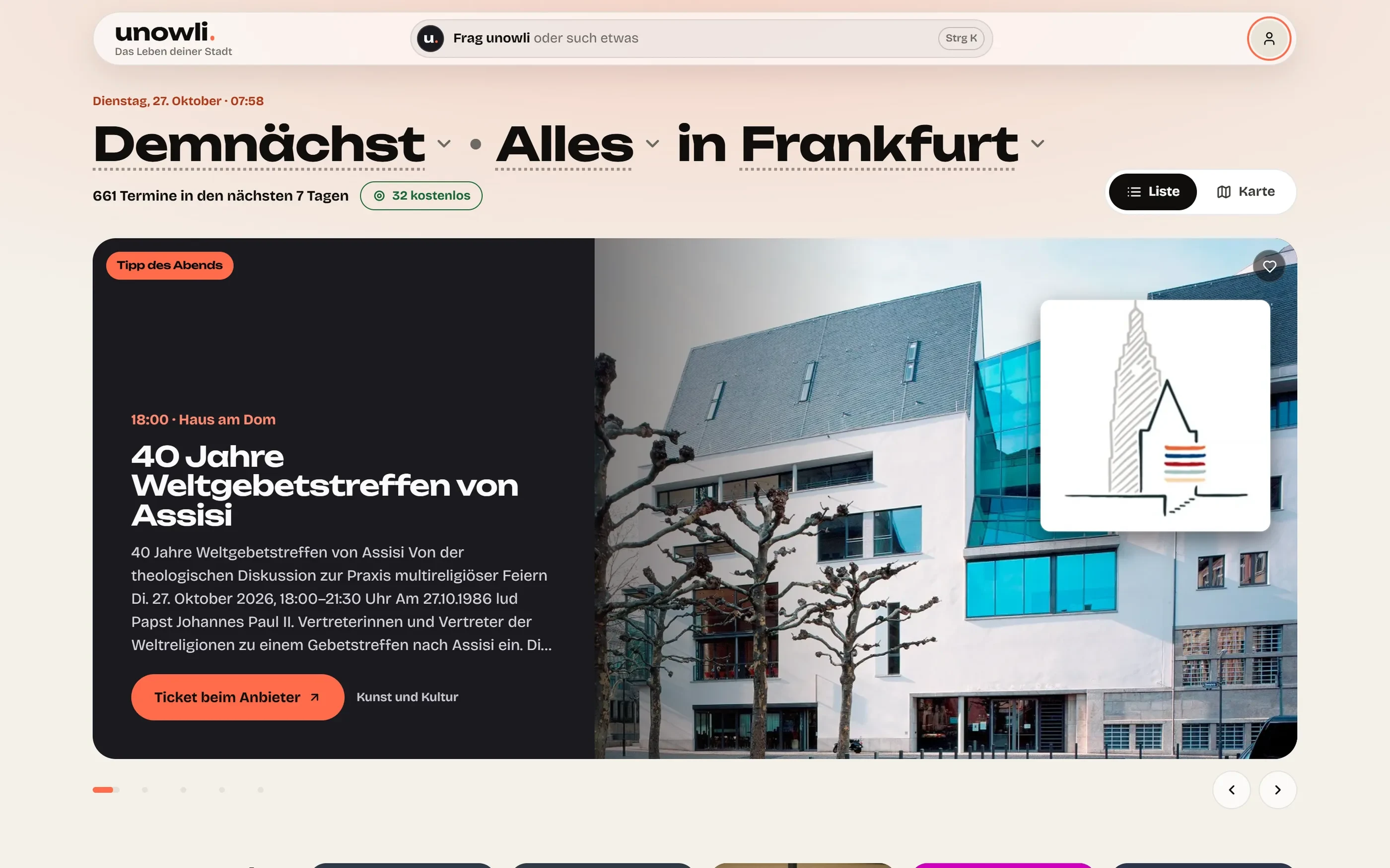 Programmansicht von unowli am Rechner: 661 Termine der nächsten sieben Tage in Frankfurt, darunter der Tipp des Abends