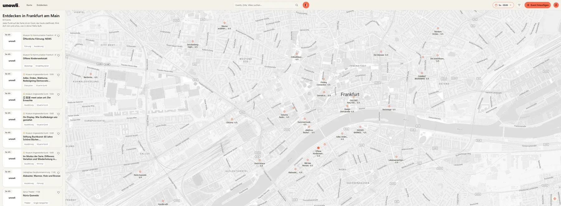 Kartenansicht von unowli mit Events in Frankfurt