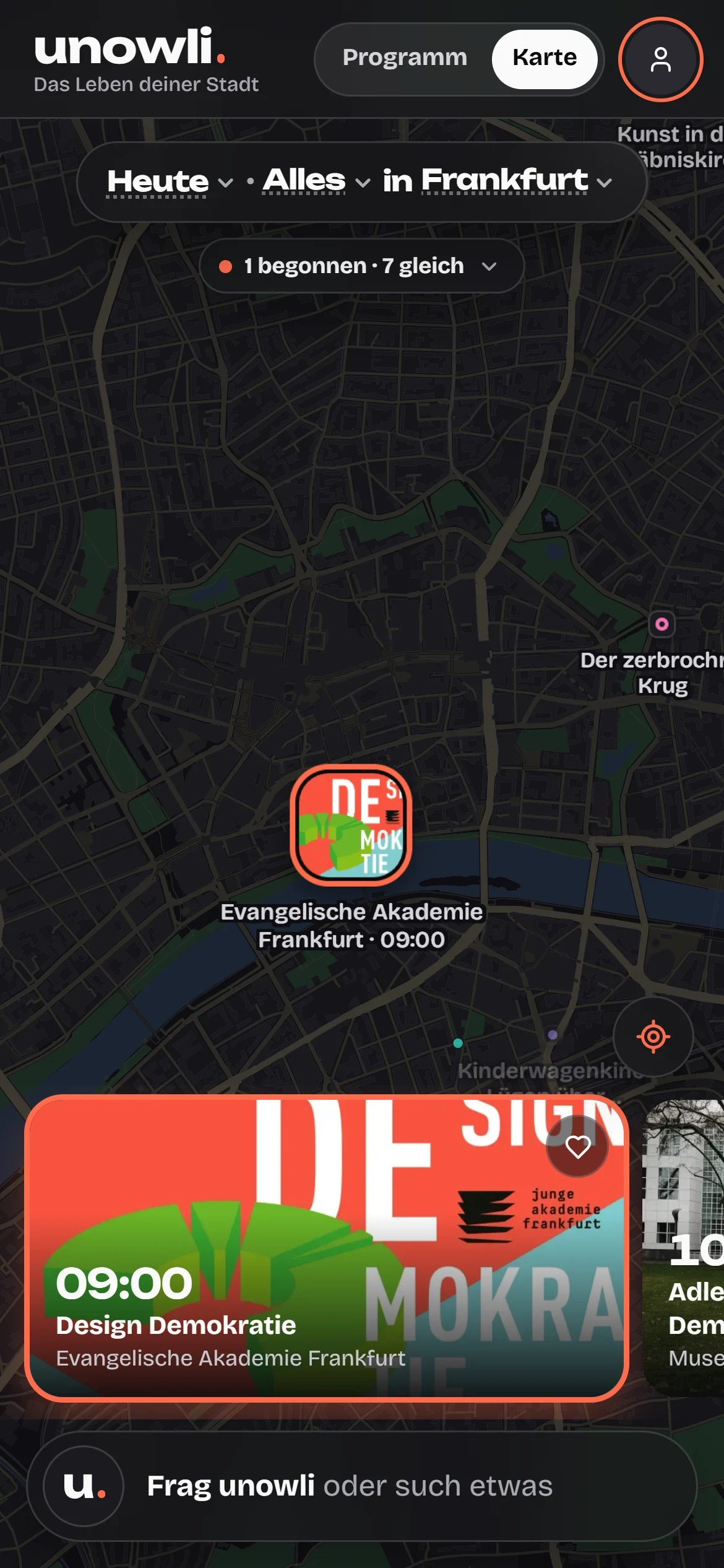 unowli auf dem Handy: Karte von Frankfurt mit den Terminen des Tages
