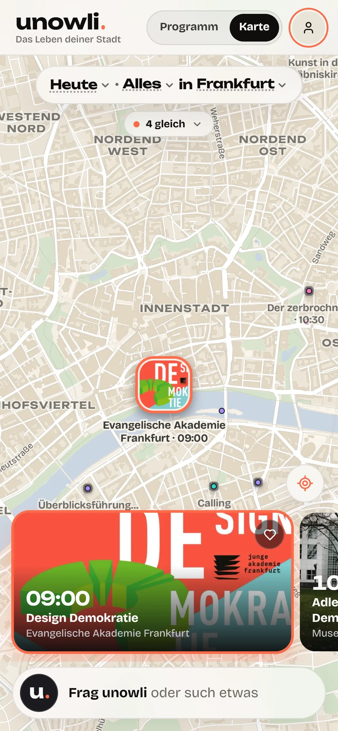 unowli auf dem Handy: Karte von Frankfurt mit den Terminen des Tages