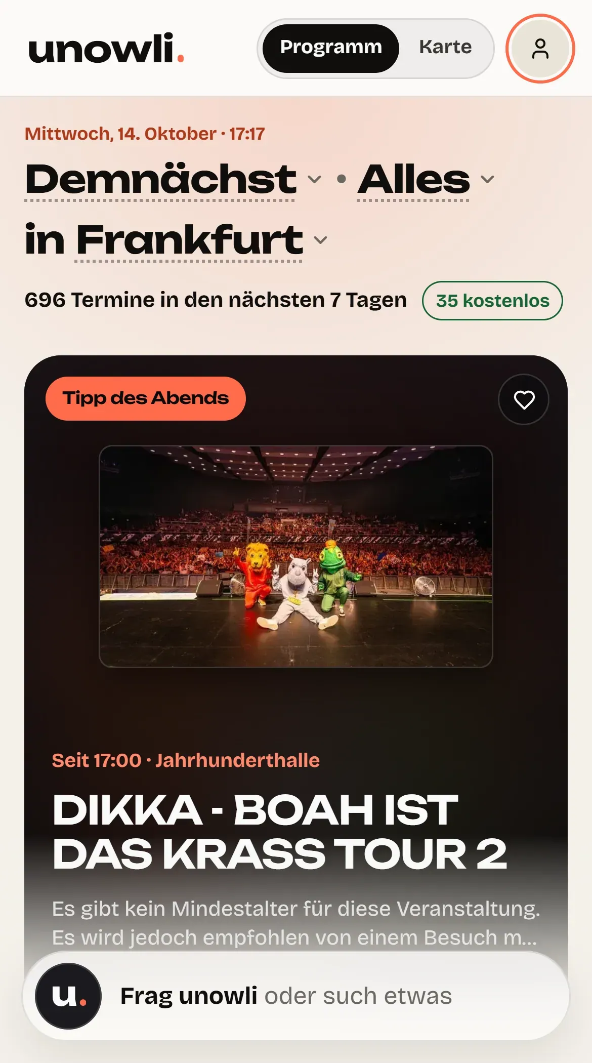unowli auf dem Handy mit Frag unowli als Einstieg in die Suche